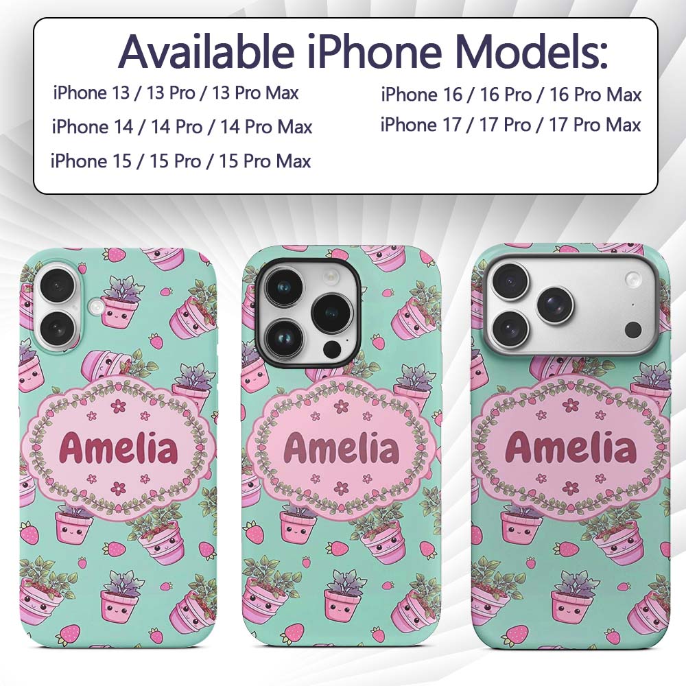 Cute Kawaii Strawberry Plant Pots Teal Background Custom Name Protective Phone Case Mobile Cover Durable Everyday Smartphone Shock Resistant