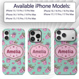 Cute Kawaii Strawberry Plant Pots Teal Background Custom Name Protective Phone Case Mobile Cover Durable Everyday Smartphone Shock Resistant