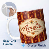 Personalized Custom Name Rich Ornate Stripe Floral Pattern in Deep Red and Gold Lovely 11oz Ceramic Coffee Tea Mug White Large Handle