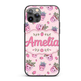 Cute Kawaii Strawberry Plant Pots Pastel Pink Custom Name Protective Phone Case Mobile Cover Durable Everyday Smartphone Shock Resistant
