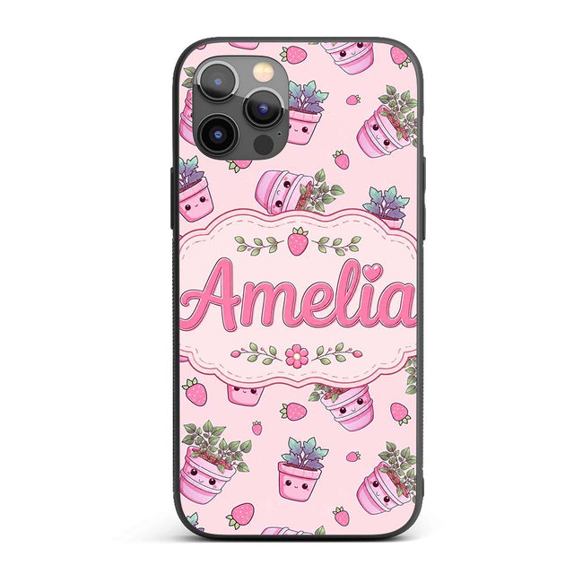 Cute Kawaii Strawberry Plant Pots Pastel Pink Custom Name Protective Phone Case Mobile Cover Durable Everyday Smartphone Shock Resistant