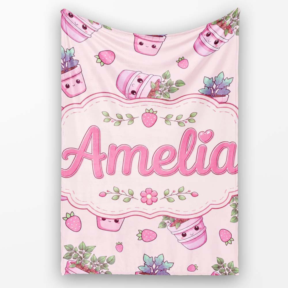 Cute Kawaii Strawberry Plant Pots Pastel Pink Seamless Pattern  Personalised Custom Name Super Soft Fleece Blanket Bed Sofa Throw