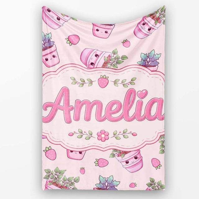 Cute Kawaii Strawberry Plant Pots Pastel Pink Seamless Pattern  Personalised Custom Name Super Soft Fleece Blanket Bed Sofa Throw