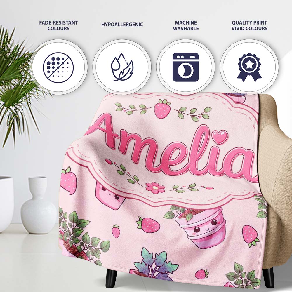 Cute Kawaii Strawberry Plant Pots Pastel Pink Seamless Pattern  Personalised Custom Name Super Soft Fleece Blanket Bed Sofa Throw