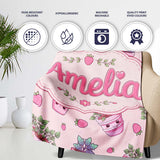 Cute Kawaii Strawberry Plant Pots Pastel Pink Seamless Pattern  Personalised Custom Name Super Soft Fleece Blanket Bed Sofa Throw