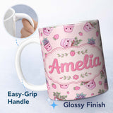 Personalized Custom Name Cute Kawaii Strawberry Plant Pots Pastel Pink Seamless Pattern 11oz Ceramic Coffee Tea Mug White Large Handle