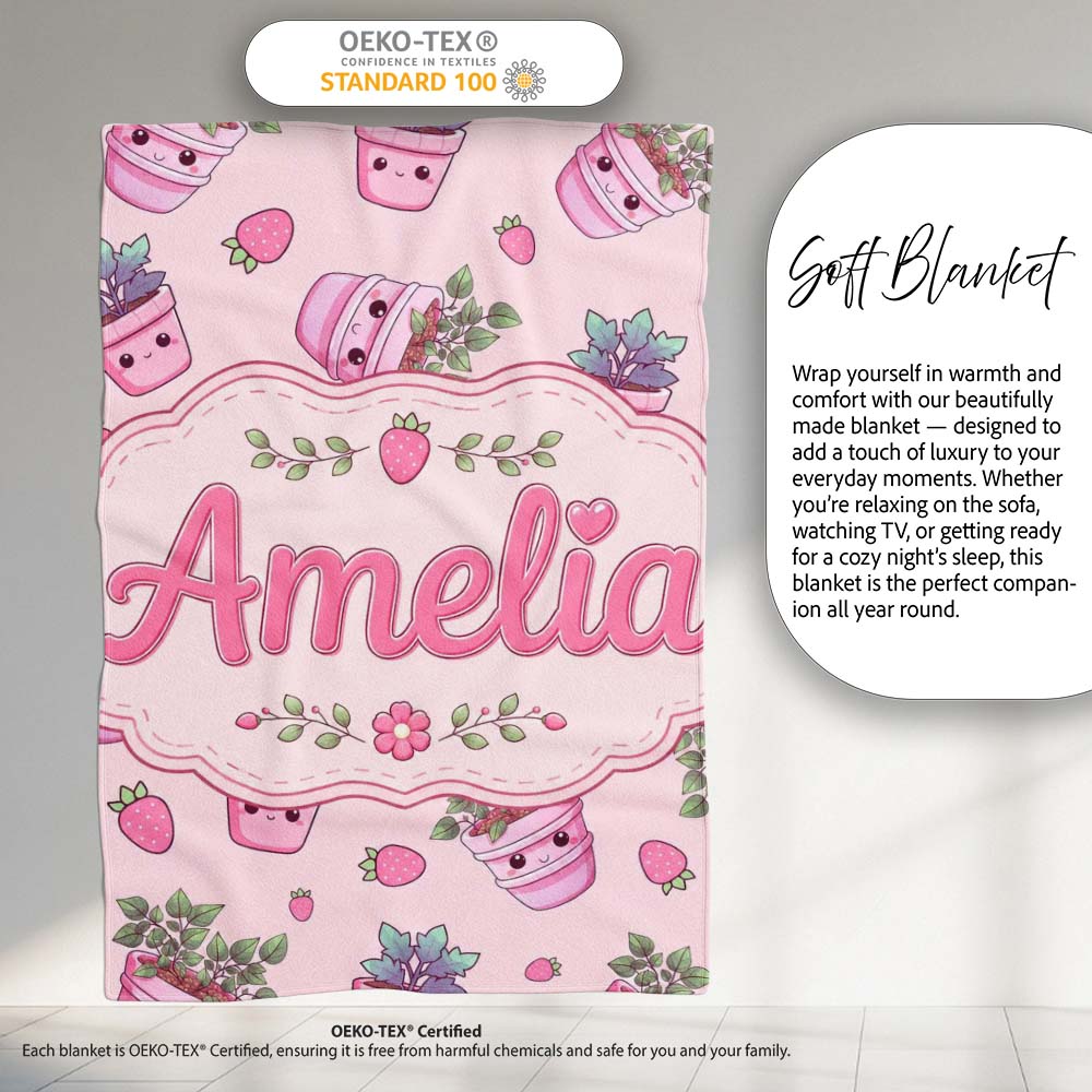 Cute Kawaii Strawberry Plant Pots Pastel Pink Seamless Pattern  Personalised Custom Name Super Soft Fleece Blanket Bed Sofa Throw