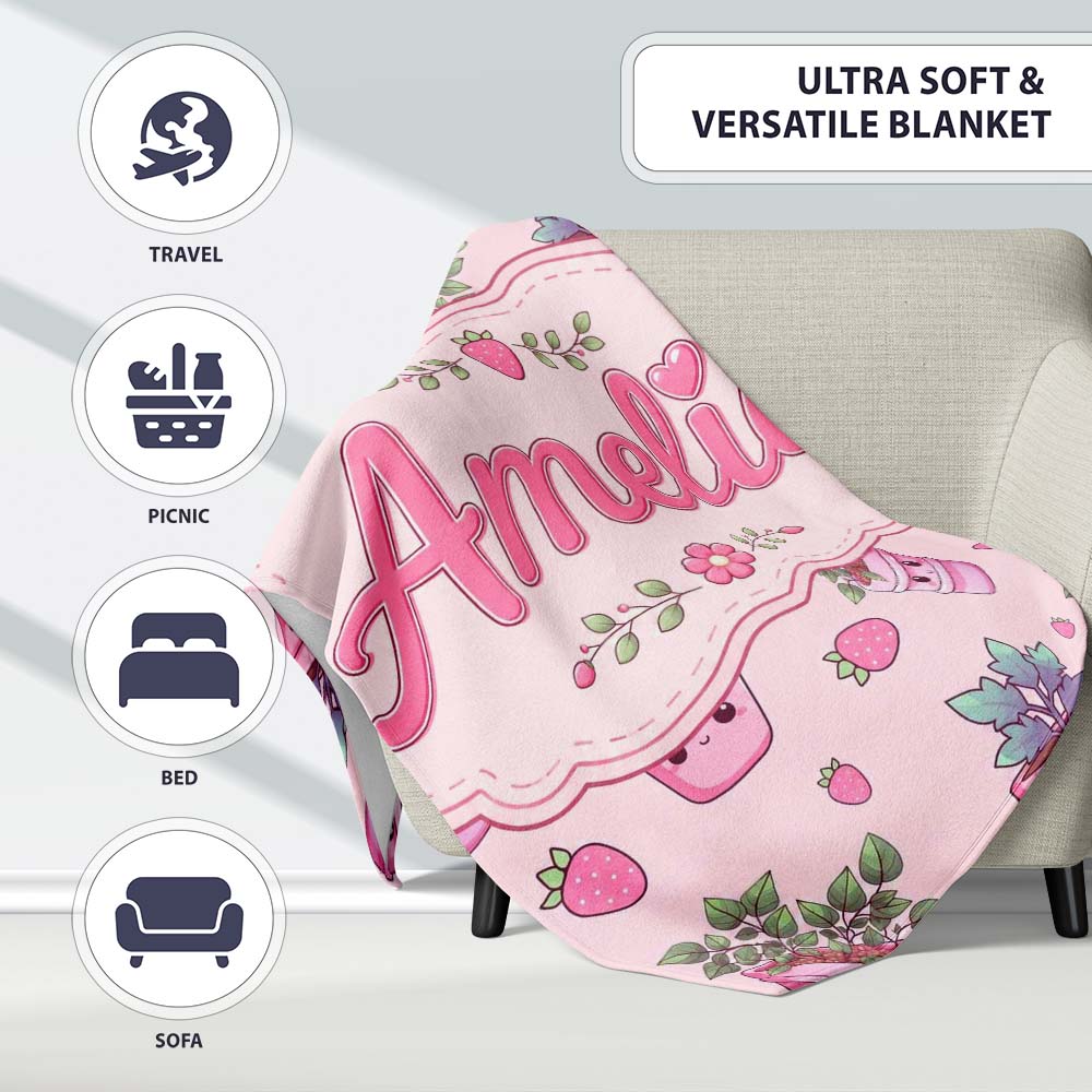 Cute Kawaii Strawberry Plant Pots Pastel Pink Seamless Pattern  Personalised Custom Name Super Soft Fleece Blanket Bed Sofa Throw