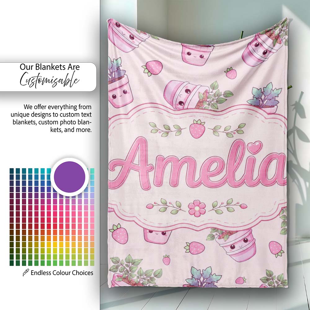 Cute Kawaii Strawberry Plant Pots Pastel Pink Seamless Pattern  Personalised Custom Name Super Soft Fleece Blanket Bed Sofa Throw