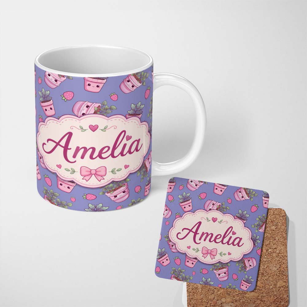 Personalized Custom Name Cute Kawaii Strawberry Plant Pots Purple Background Seamless 11oz Ceramic Coffee Tea Mug White Large Handle