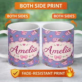 Personalized Custom Name Cute Kawaii Strawberry Plant Pots Purple Background Seamless 11oz Ceramic Coffee Tea Mug White Large Handle