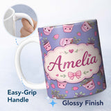 Personalized Custom Name Cute Kawaii Strawberry Plant Pots Purple Background Seamless 11oz Ceramic Coffee Tea Mug White Large Handle