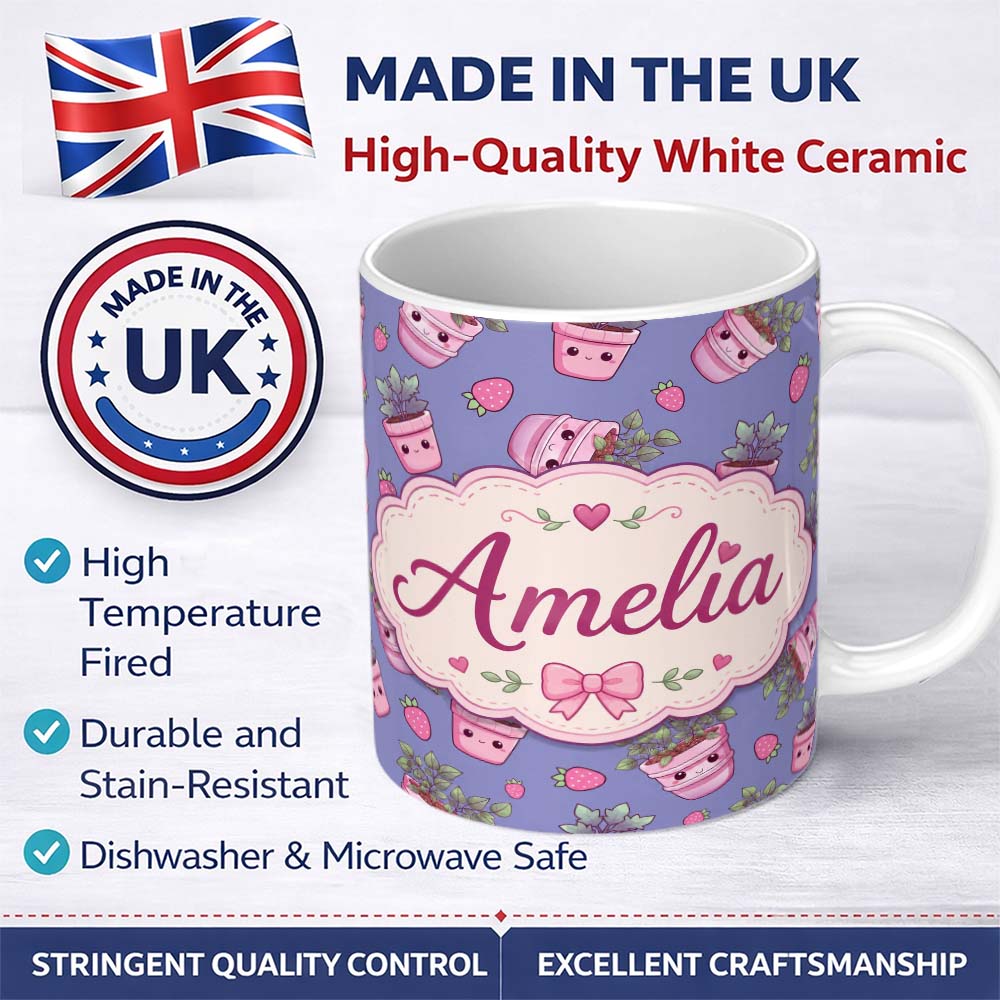 Personalized Custom Name Cute Kawaii Strawberry Plant Pots Purple Background Seamless 11oz Ceramic Coffee Tea Mug White Large Handle