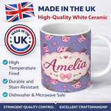 Personalized Custom Name Cute Kawaii Strawberry Plant Pots Purple Background Seamless 11oz Ceramic Coffee Tea Mug White Large Handle