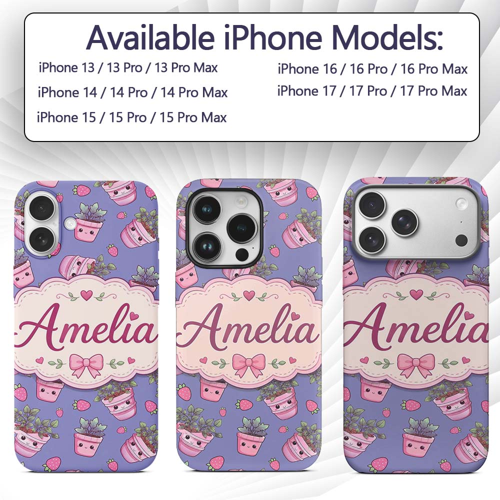 Cute Kawaii Strawberry Plant Pots Printed Design Custom Name Protective Phone Case Mobile Cover Durable Everyday Smartphone Shock Resistant