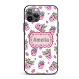 Cute Kawaii Strawberry Plant Pots Grey Background Custom Name Protective Phone Case Mobile Cover Durable Everyday Smartphone Shock Resistant