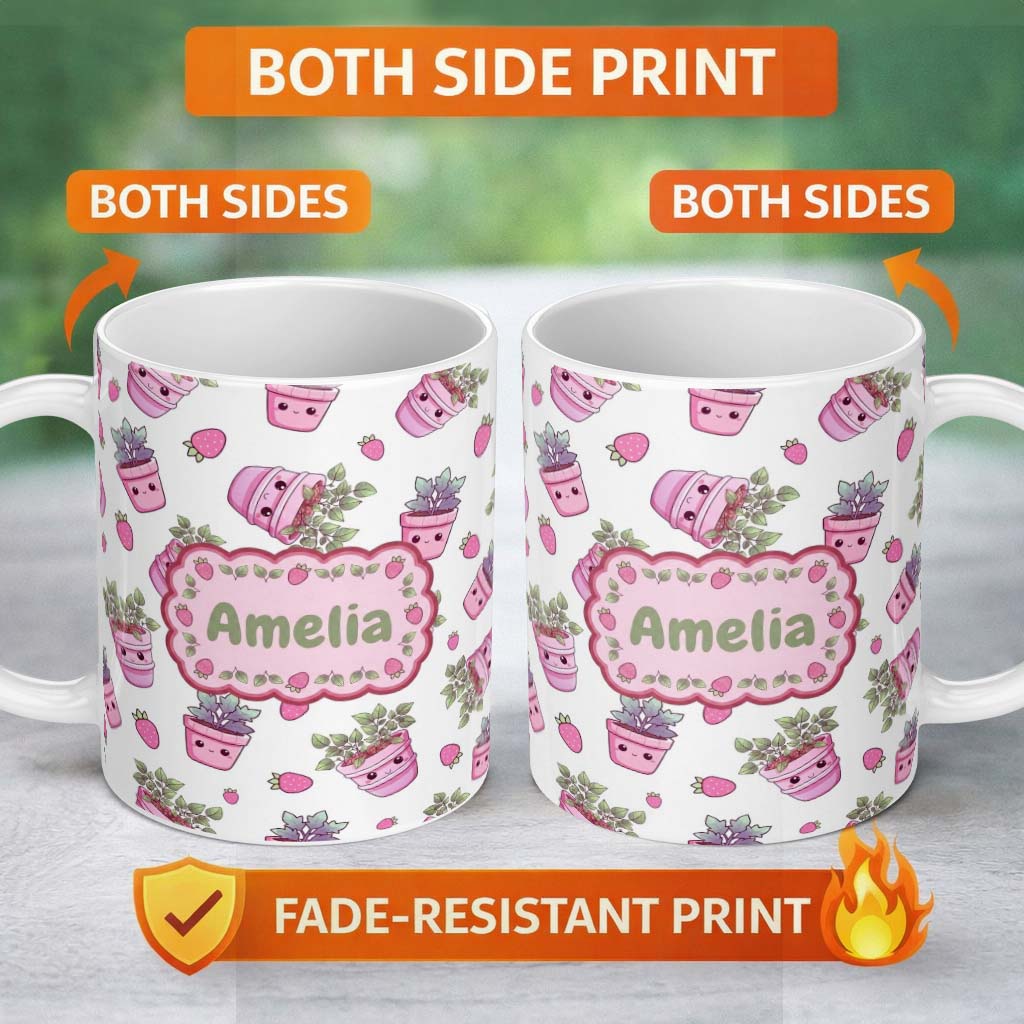 Personalized Custom Name Cute Kawaii Strawberry Plant Pots Grey Background Seamless Pattern 11oz Ceramic Coffee Tea Mug White Large Handle