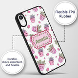 Cute Kawaii Strawberry Plant Pots Grey Background Custom Name Protective Phone Case Mobile Cover Durable Everyday Smartphone Shock Resistant