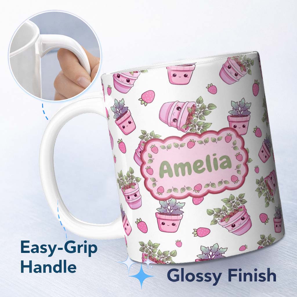 Personalized Custom Name Cute Kawaii Strawberry Plant Pots Grey Background Seamless Pattern 11oz Ceramic Coffee Tea Mug White Large Handle