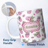 Personalized Custom Name Cute Kawaii Strawberry Plant Pots Grey Background Seamless Pattern 11oz Ceramic Coffee Tea Mug White Large Handle