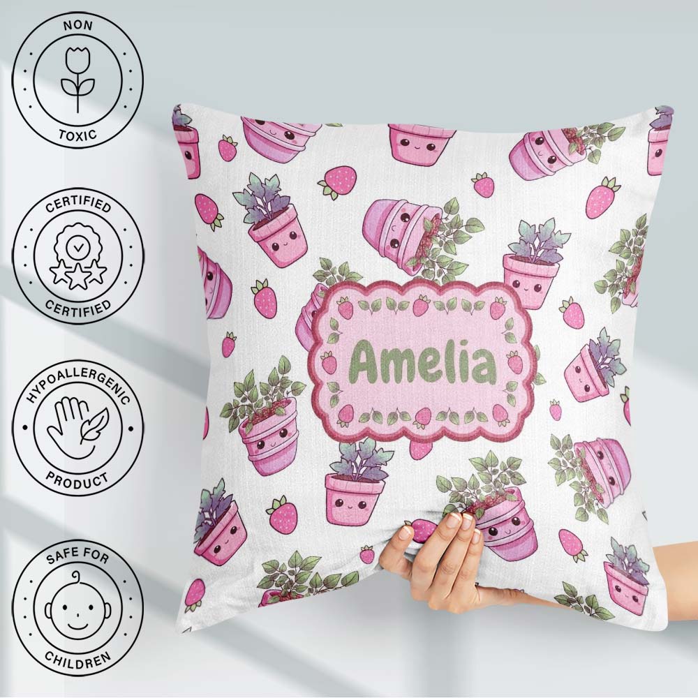 Custom Name Kawaii Strawberry Plant Pots Grey Background Pattern Square Filled Cushion Throw Pillow Sofa Bed Home Decor Zip Washable UK Made