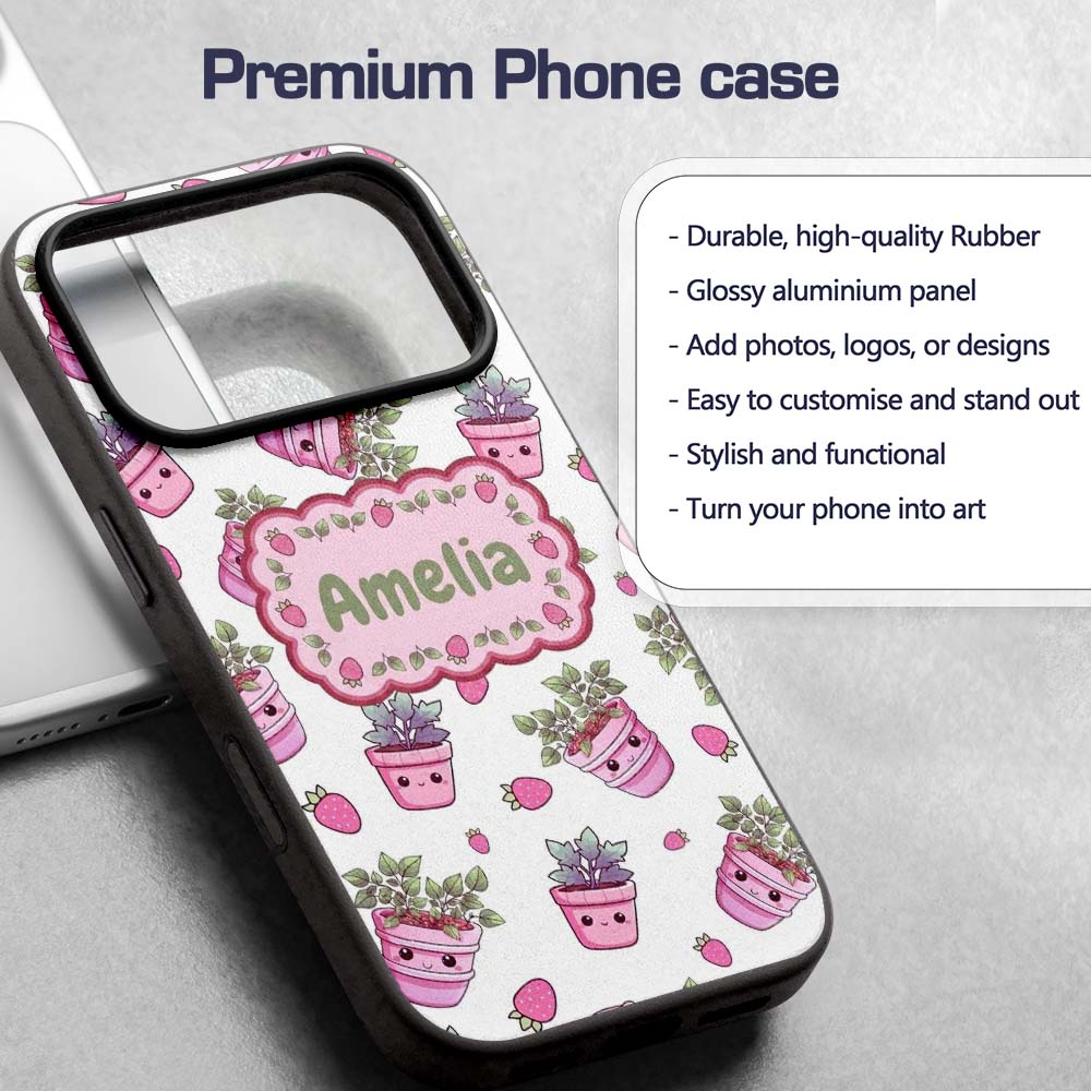 Cute Kawaii Strawberry Plant Pots Grey Background Custom Name Protective Phone Case Mobile Cover Durable Everyday Smartphone Shock Resistant