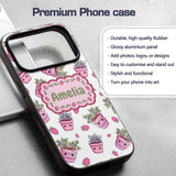 Cute Kawaii Strawberry Plant Pots Grey Background Custom Name Protective Phone Case Mobile Cover Durable Everyday Smartphone Shock Resistant