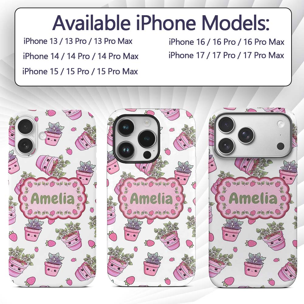 Cute Kawaii Strawberry Plant Pots Grey Background Custom Name Protective Phone Case Mobile Cover Durable Everyday Smartphone Shock Resistant