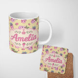 Personalized Custom Name Cute Kawaii Strawberry Plant Pots Yellow Background Seamless 11oz Ceramic Coffee Tea Mug White Large Handle