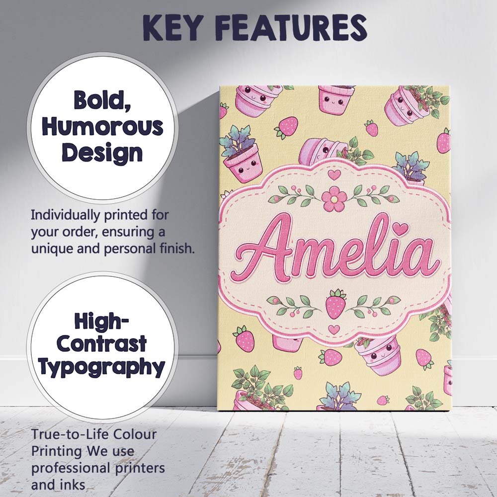 Personalised Name Cute Kawaii Strawberry Custom  Unique Gift Idea Elegant Feature Canvas Wall Art Print Decor Picture Ready to Hang