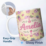 Personalized Custom Name Cute Kawaii Strawberry Plant Pots Yellow Background Seamless 11oz Ceramic Coffee Tea Mug White Large Handle