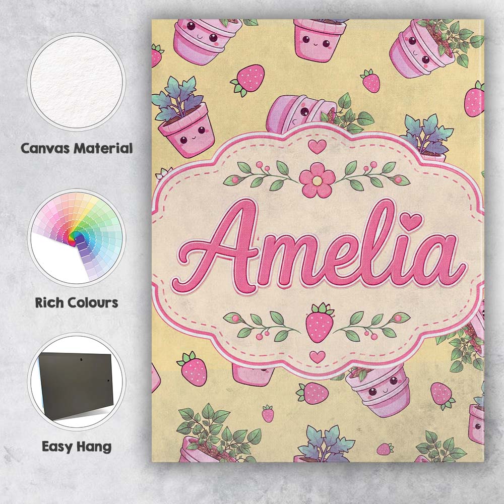 Personalised Name Cute Kawaii Strawberry Custom  Unique Gift Idea Elegant Feature Canvas Wall Art Print Decor Picture Ready to Hang