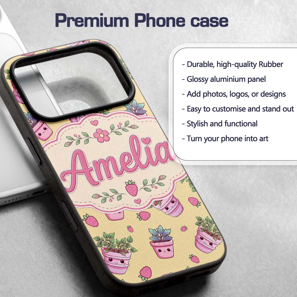 Cute Kawaii Strawberry Plant Pots Printed Design Custom Name Protective Phone Case Mobile Cover Durable Everyday Smartphone Shock Resistant