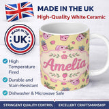 Personalized Custom Name Cute Kawaii Strawberry Plant Pots Yellow Background Seamless 11oz Ceramic Coffee Tea Mug White Large Handle