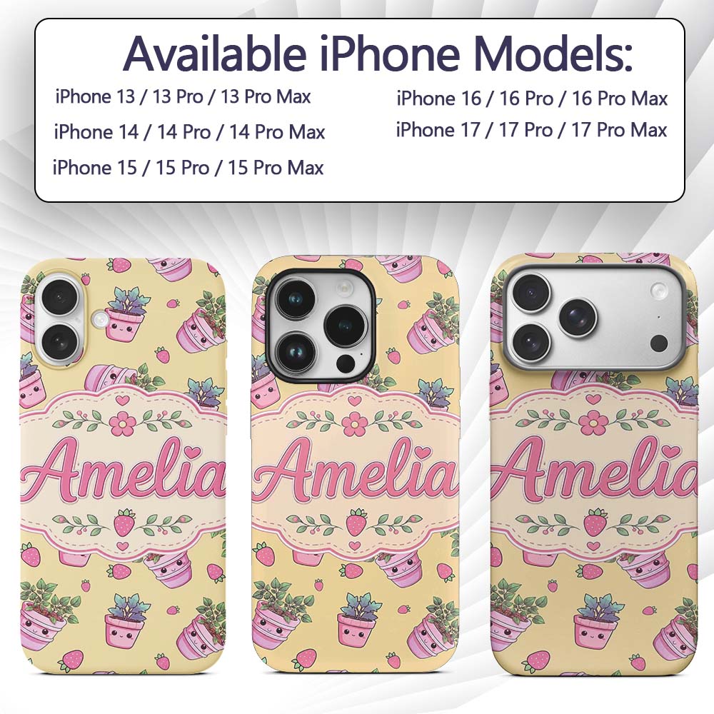 Cute Kawaii Strawberry Plant Pots Printed Design Custom Name Protective Phone Case Mobile Cover Durable Everyday Smartphone Shock Resistant