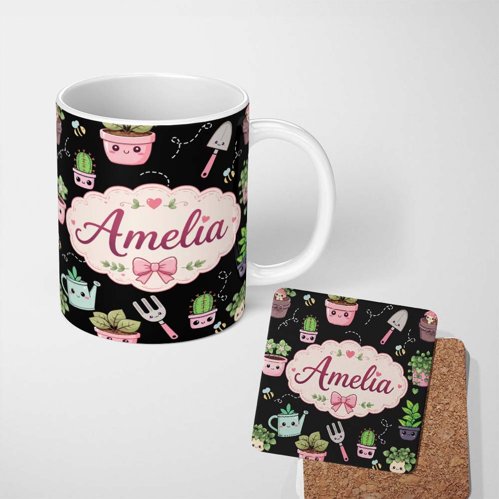 Personalized Custom Name Cute Kawaii Garden Tools Plants Bees Black Seamless Pattern Name 11oz Ceramic Coffee Tea Mug White Large Handle