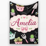 Cute Kawaii Garden Tools Plants Bees Black Seamless Pattern Name  Personalised Custom Name Super Soft Fleece Blanket Bed Sofa Throw