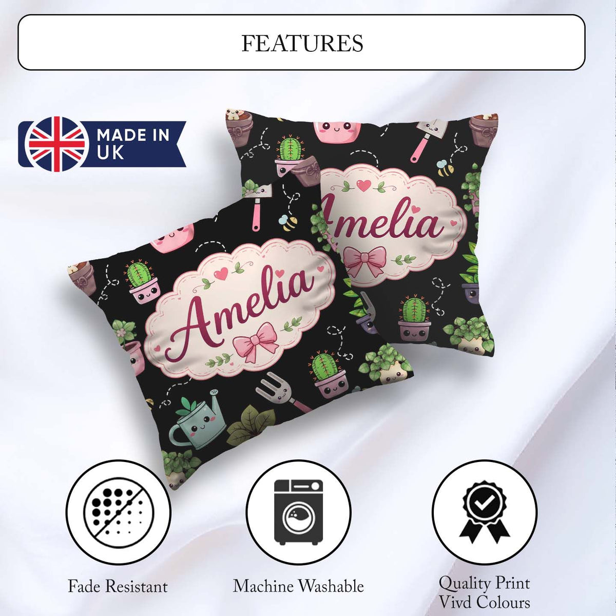 Custom Name Kawaii Garden Tools Bees Black Seamless Pattern Name Square Filled Cushion Throw Pillow Sofa Bed Home Decor Zip Washable UK Made