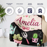 Cute Kawaii Garden Tools Plants Bees Black Seamless Pattern Name  Personalised Custom Name Super Soft Fleece Blanket Bed Sofa Throw