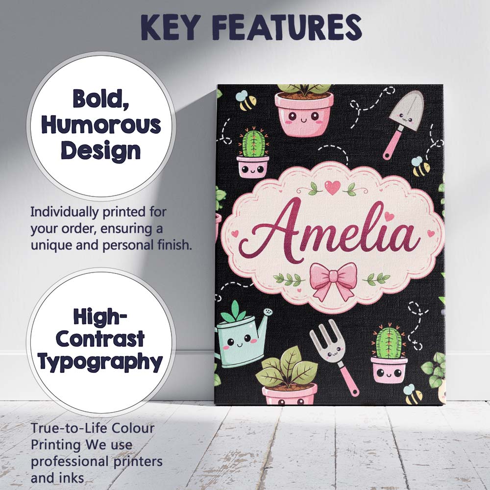 Personalised Name Cute Kawaii Garden Tools Custom  Unique Gift Idea Elegant Feature Canvas Wall Art Print Decor Picture Ready to Hang