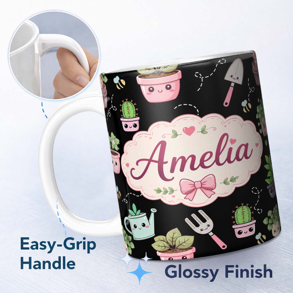 Personalized Custom Name Cute Kawaii Garden Tools Plants Bees Black Seamless Pattern Name 11oz Ceramic Coffee Tea Mug White Large Handle