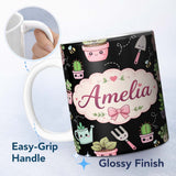 Personalized Custom Name Cute Kawaii Garden Tools Plants Bees Black Seamless Pattern Name 11oz Ceramic Coffee Tea Mug White Large Handle