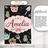 Cute Kawaii Garden Tools Plants Bees Black Seamless Pattern Name  Personalised Custom Name Super Soft Fleece Blanket Bed Sofa Throw