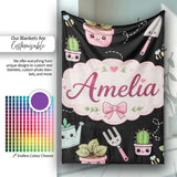 Cute Kawaii Garden Tools Plants Bees Black Seamless Pattern Name  Personalised Custom Name Super Soft Fleece Blanket Bed Sofa Throw