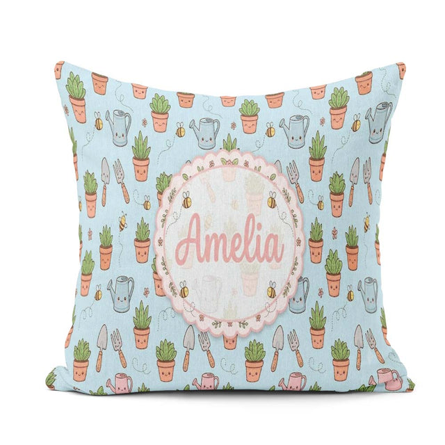 Custom Name Cute Kawaii Garden Tools Plants Bees Blue Background Square Filled Cushion Throw Pillow Sofa Bed Home Decor Zip Washable UK Made
