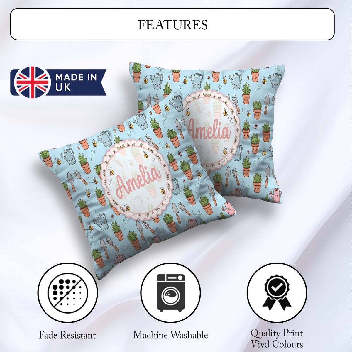 Custom Name Cute Kawaii Garden Tools Plants Bees Blue Background Square Filled Cushion Throw Pillow Sofa Bed Home Decor Zip Washable UK Made