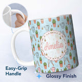 Personalized Custom Name Cute Kawaii Garden Tools Plants Bees Blue Background Seamless 11oz Ceramic Coffee Tea Mug White Large Handle