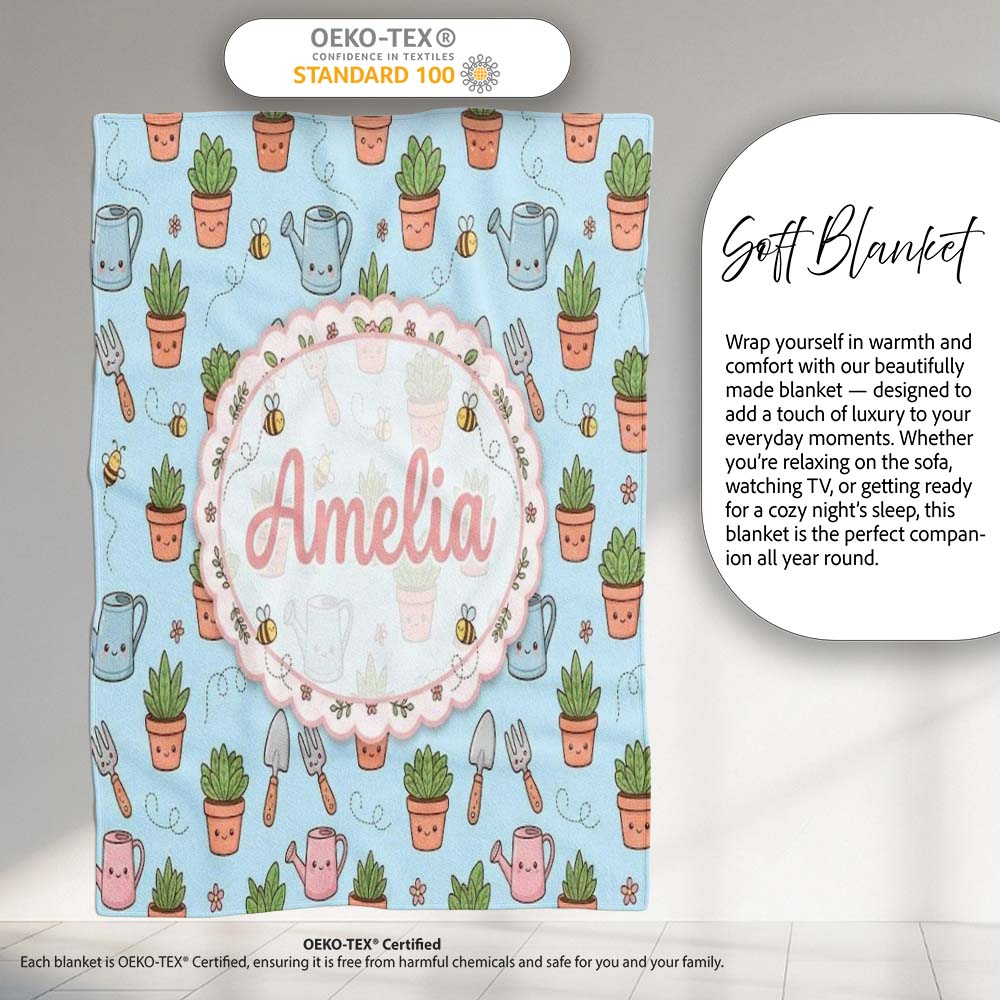 Cute Kawaii Garden Tools Plants Bees Blue Background Seamless  Personalised Custom Name Super Soft Fleece Blanket Bed Sofa Throw
