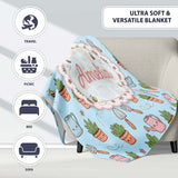 Cute Kawaii Garden Tools Plants Bees Blue Background Seamless  Personalised Custom Name Super Soft Fleece Blanket Bed Sofa Throw