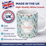 Personalized Custom Name Cute Kawaii Garden Tools Plants Bees Blue Background Seamless 11oz Ceramic Coffee Tea Mug White Large Handle